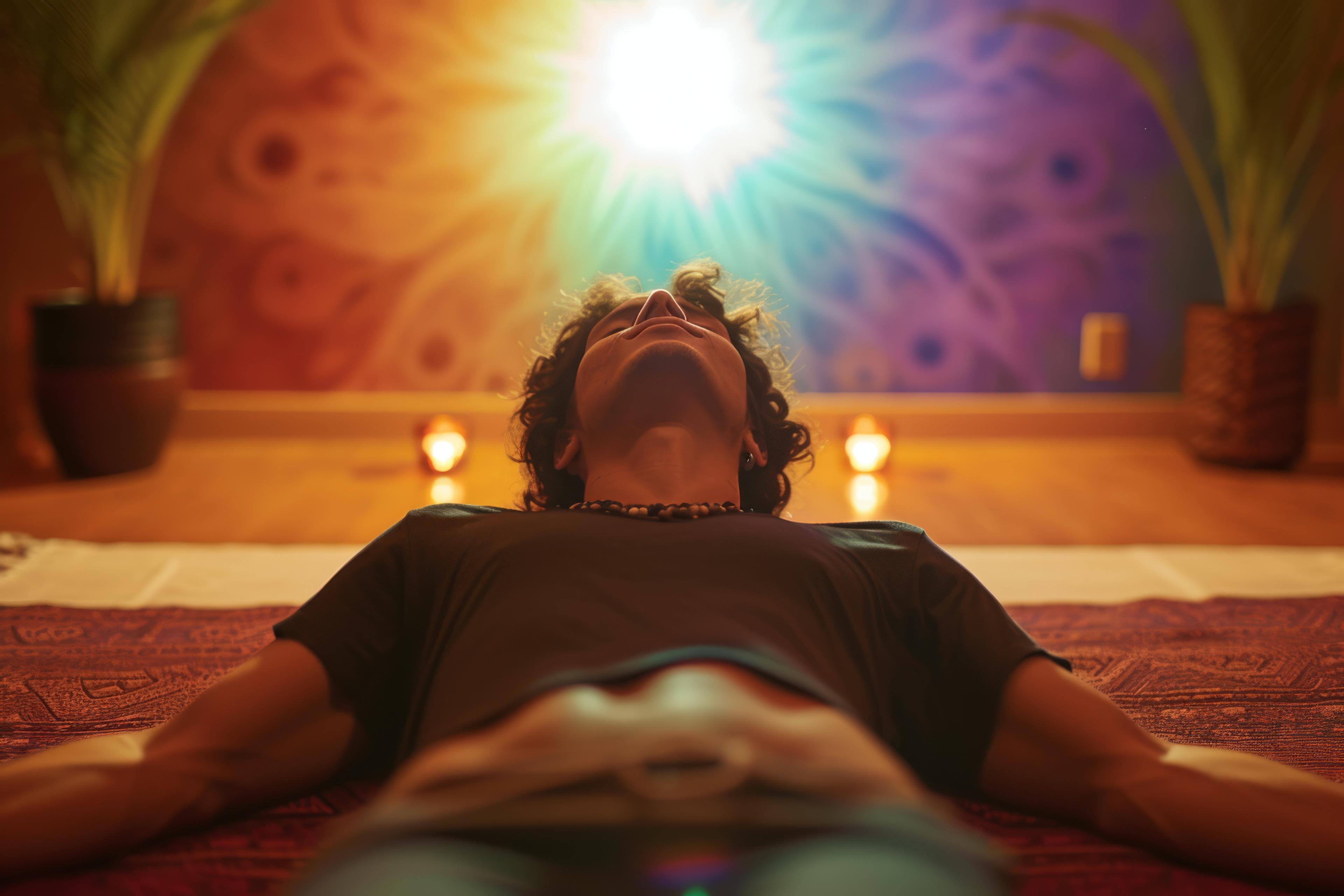 Séance de soin énergétique — personne allongée recevant un soin avec chakras activés