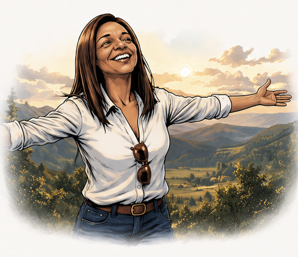 Véronique bras ouverts face à la nature au coucher du soleil